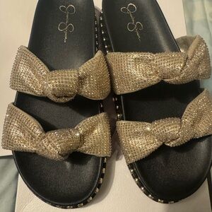 Jessica Simpson Gold Bow Slide Sandals